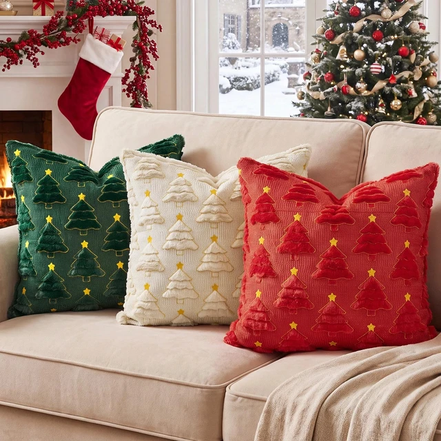 Alt view image 6 of 7 - Christmas Pillow Covers 18x18 Set of 2, Green Winter Home Decor | Reversible Plush Fur with 3D Xmas tree embroidery for couch, sofa, porch, bedroom decorations & Christmas gift choice