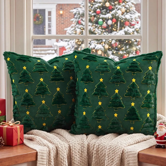 Alt view image 5 of 7 - Christmas Pillow Covers 18x18 Set of 2, Green Winter Home Decor | Reversible Plush Fur with 3D Xmas tree embroidery for couch, sofa, porch, bedroom decorations & Christmas gift choice