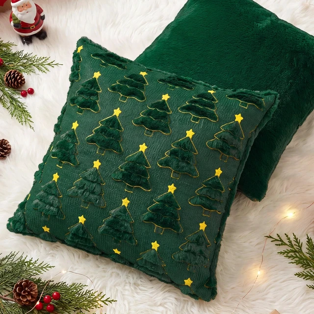 Alt view image 7 of 7 - Christmas Pillow Covers 18x18 Set of 2, Green Winter Home Decor | Reversible Plush Fur with 3D Xmas tree embroidery for couch, sofa, porch, bedroom decorations & Christmas gift choice