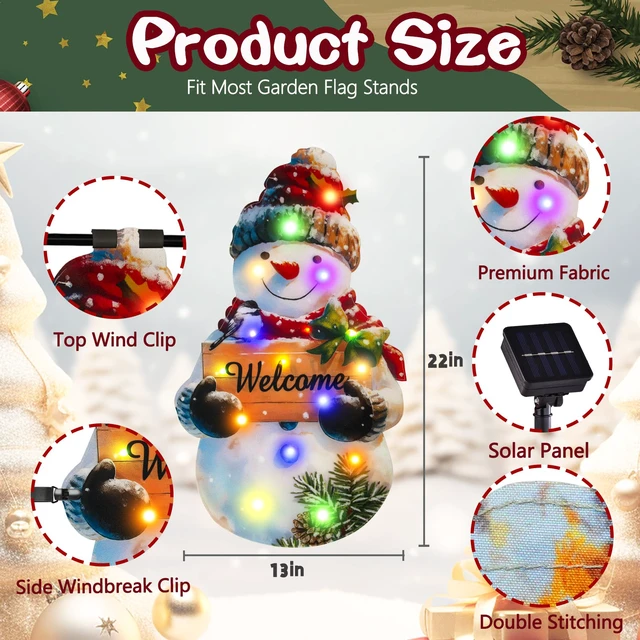 Alt view image 2 of 6 - 12x18 Lighted Christmas Snowman Garden Flag, Outdoor Decor | Double Sided Snowman Design, Weather Resistant, Solar Powered, 8 Modes, Outdoor Decor for Yard, Lawn, Patio and Porch