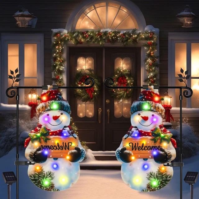 Alt view image 3 of 6 - 12x18 Lighted Christmas Snowman Garden Flag, Outdoor Decor | Double Sided Snowman Design, Weather Resistant, Solar Powered, 8 Modes, Outdoor Decor for Yard, Lawn, Patio and Porch