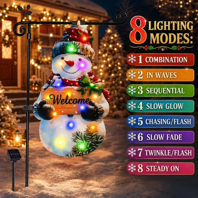 Alt view image 5 of 6 - 12x18 Lighted Christmas Snowman Garden Flag, Outdoor Decor | Double Sided Snowman Design, Weather Resistant, Solar Powered, 8 Modes, Outdoor Decor for Yard, Lawn, Patio and Porch