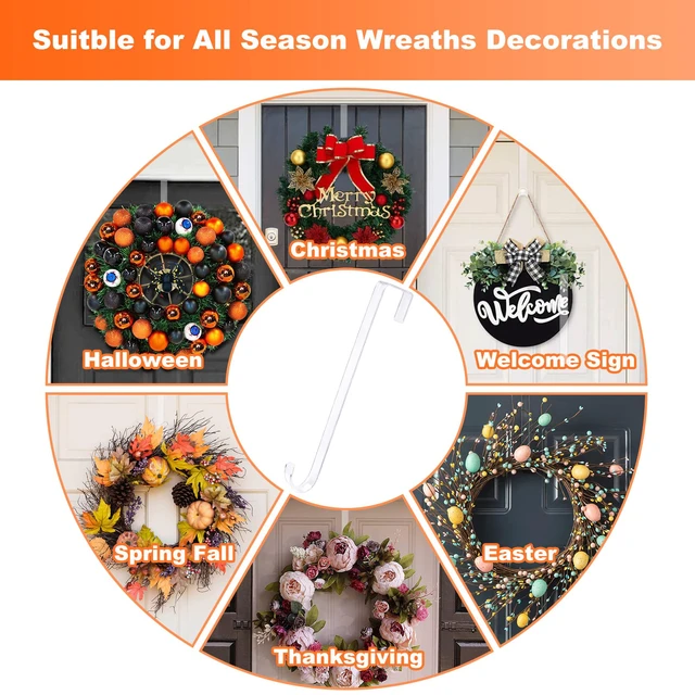 Alt view image 4 of 7 - 15 in Wreath-Hangers for Front Door, 2 Pack Christmas Wreath-Door-Hanger | Hanging Fall Halloween Decorations Welcome Sign for Front Door, Inside Outside Over The Door Hooks Organizer Home Décor