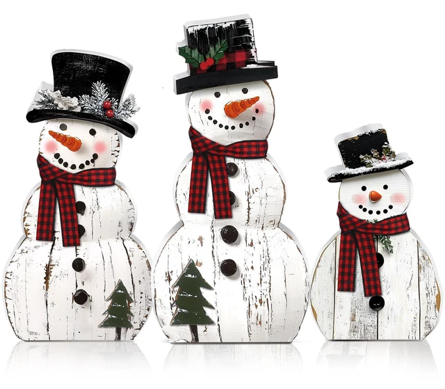 Main image of 3 Pcs Snowman Christmas Decoration Rustic Wooden Indoor Decor | Farmhouse Christmas Table Decorations, Snowman Centerpieces Table Sign, Xmas Decoration for Indoor Home Kitchen Gifts Party