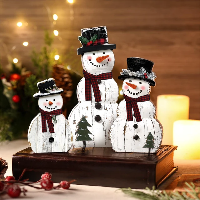 Alt view image 2 of 6 - 3 Pcs Snowman Christmas Decoration Rustic Wooden Indoor Decor | Farmhouse Christmas Table Decorations, Snowman Centerpieces Table Sign, Xmas Decoration for Indoor Home Kitchen Gifts Party