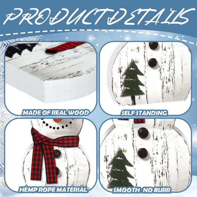 Alt view image 4 of 6 - 3 Pcs Snowman Christmas Decoration Rustic Wooden Indoor Decor | Farmhouse Christmas Table Decorations, Snowman Centerpieces Table Sign, Xmas Decoration for Indoor Home Kitchen Gifts Party