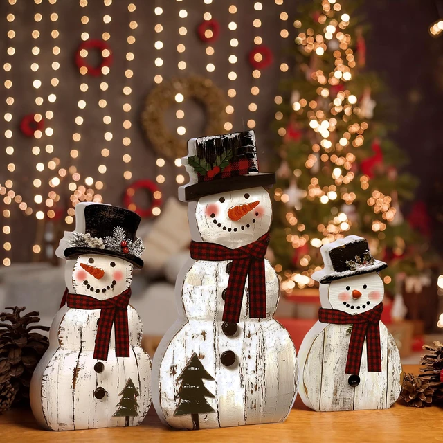 Alt view image 5 of 6 - 3 Pcs Snowman Christmas Decoration Rustic Wooden Indoor Decor | Farmhouse Christmas Table Decorations, Snowman Centerpieces Table Sign, Xmas Decoration for Indoor Home Kitchen Gifts Party