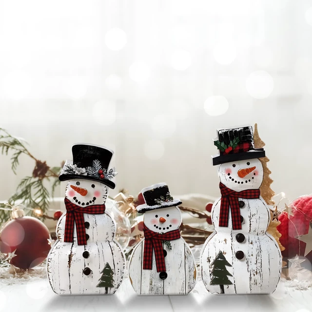 Alt view image 6 of 6 - 3 Pcs Snowman Christmas Decoration Rustic Wooden Indoor Decor | Farmhouse Christmas Table Decorations, Snowman Centerpieces Table Sign, Xmas Decoration for Indoor Home Kitchen Gifts Party
