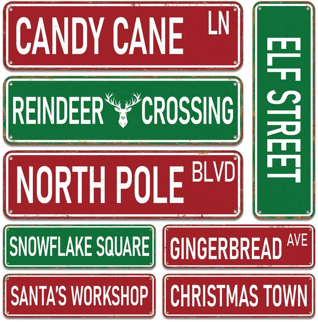 Main image of Candy Cane Lane Christmas Decorations 8 Pack, Double-Sided Vintage Street Signs of North Pole/Santas Workshop/Gingerbread & More, All-Weather Outdoor Christmas Signs Yard Tree Ornament, 4 x 14 Inch