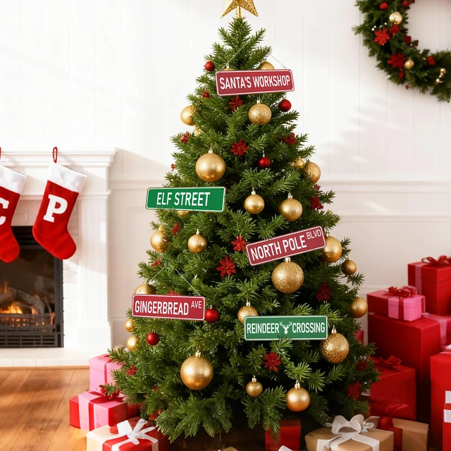 Alt view image 2 of 7 - Candy Cane Lane Christmas Decorations 8 Pack, Double-Sided Vintage Street Signs of North Pole/Santas Workshop/Gingerbread & More, All-Weather Outdoor Christmas Signs Yard Tree Ornament, 4 x 14 Inch
