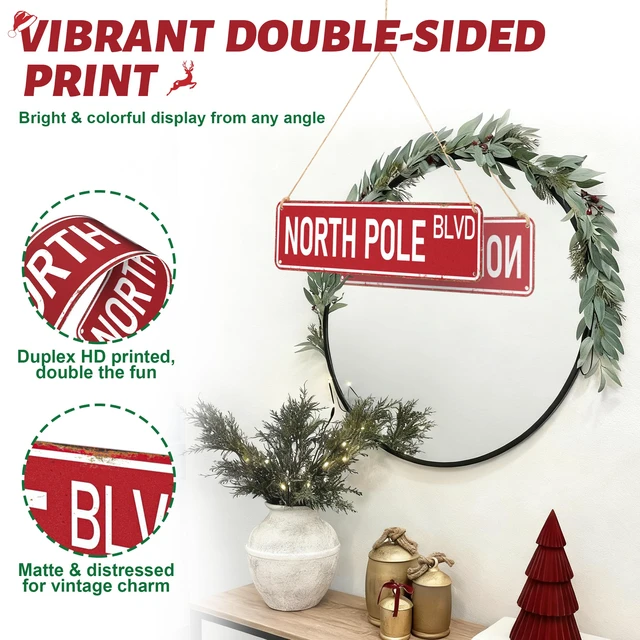 Alt view image 3 of 7 - Candy Cane Lane Christmas Decorations 8 Pack, Double-Sided Vintage Street Signs of North Pole/Santas Workshop/Gingerbread & More, All-Weather Outdoor Christmas Signs Yard Tree Ornament, 4 x 14 Inch
