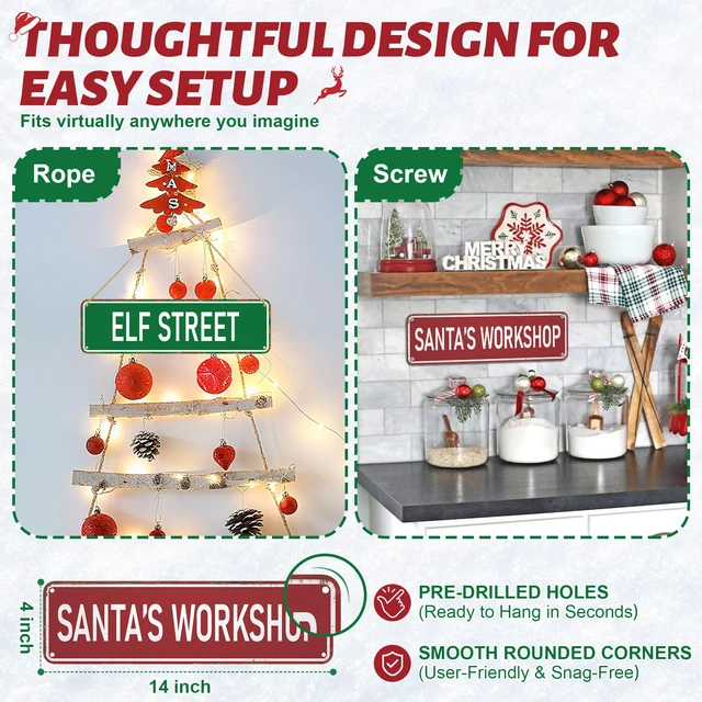 Alt view image 6 of 7 - Candy Cane Lane Christmas Decorations 8 Pack, Double-Sided Vintage Street Signs of North Pole/Santas Workshop/Gingerbread & More, All-Weather Outdoor Christmas Signs Yard Tree Ornament, 4 x 14 Inch