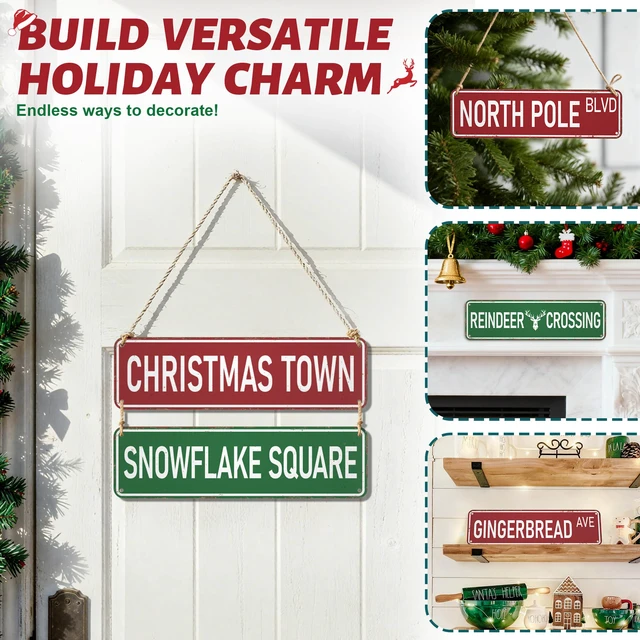 Alt view image 7 of 7 - Candy Cane Lane Christmas Decorations 8 Pack, Double-Sided Vintage Street Signs of North Pole/Santas Workshop/Gingerbread & More, All-Weather Outdoor Christmas Signs Yard Tree Ornament, 4 x 14 Inch
