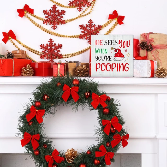 Alt view image 6 of 7 - Christmas Bathroom Decorations, Funny Christmas Wood Sign Decor 5x5 Inches | Funny Christmas Bathroom Decor, He Sees You When You're Pooping Wooden Sign, Home Decor for Desk Table Shelf