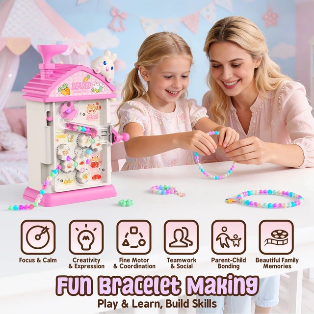 Alt view image 2 of 7 - Bracelet Making Kit- Auto Beaded Jewelry Maker Toy Gift for Girls 6-12 | DIY Hand-Crank Pink House Kit, Inspires Creativity and Imagination, Friendship Bracelets, Birthday Gift, No Batteries MAGTHIC