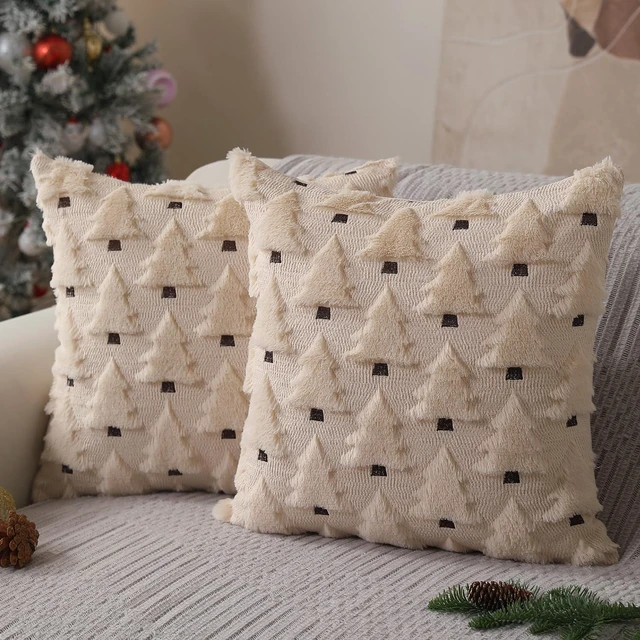 Main image of Christmas Pillow Covers 18x18 inch Set of 2 Xmas Decorations Soft Plush Faux Fur Wool Beige Christmas Tree Throw Pillow Cases Winter Holiday Decor for Sofa Living Room PT-002C18