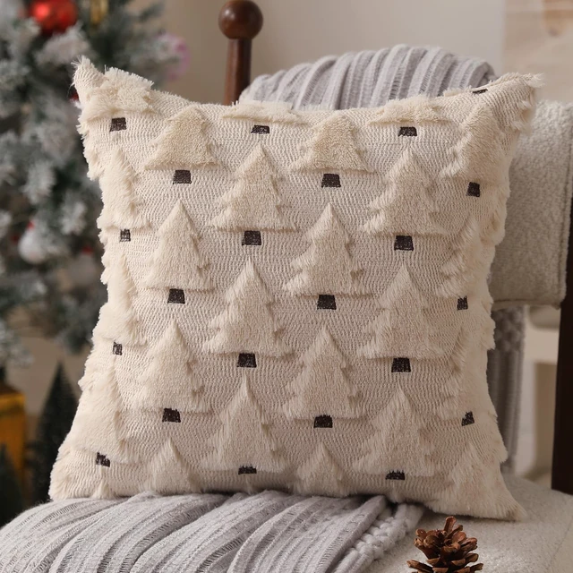 Alt view image 3 of 6 - Christmas Pillow Covers 18x18 inch Set of 2 Xmas Decorations Soft Plush Faux Fur Wool Beige Christmas Tree Throw Pillow Cases Winter Holiday Decor for Sofa Living Room PT-002C18
