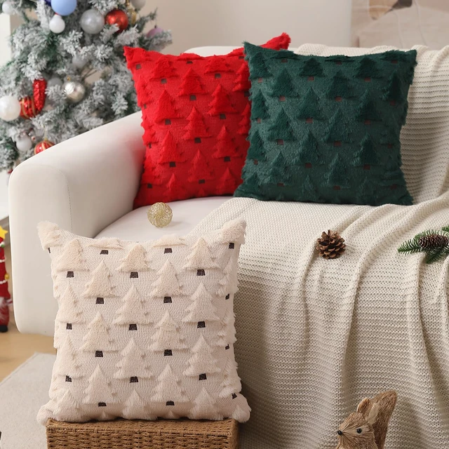 Alt view image 4 of 6 - Christmas Pillow Covers 18x18 inch Set of 2 Xmas Decorations Soft Plush Faux Fur Wool Beige Christmas Tree Throw Pillow Cases Winter Holiday Decor for Sofa Living Room PT-002C18