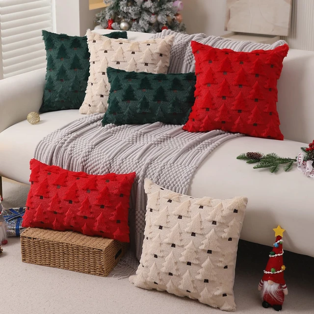 Alt view image 5 of 6 - Christmas Pillow Covers 18x18 inch Set of 2 Xmas Decorations Soft Plush Faux Fur Wool Beige Christmas Tree Throw Pillow Cases Winter Holiday Decor for Sofa Living Room PT-002C18