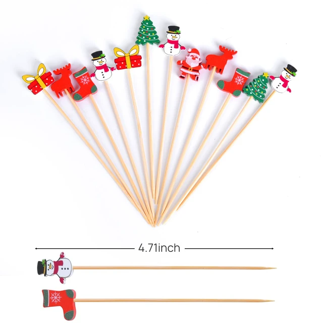 Alt view image 2 of 6 - 100 Pack Christmas Decorations Toothpicks for Appetizers | 4.7 Inch Fancy Bamboo Cocktail Picks for Cake Dessert Food Valentines Wedding Halloween Party Decorations