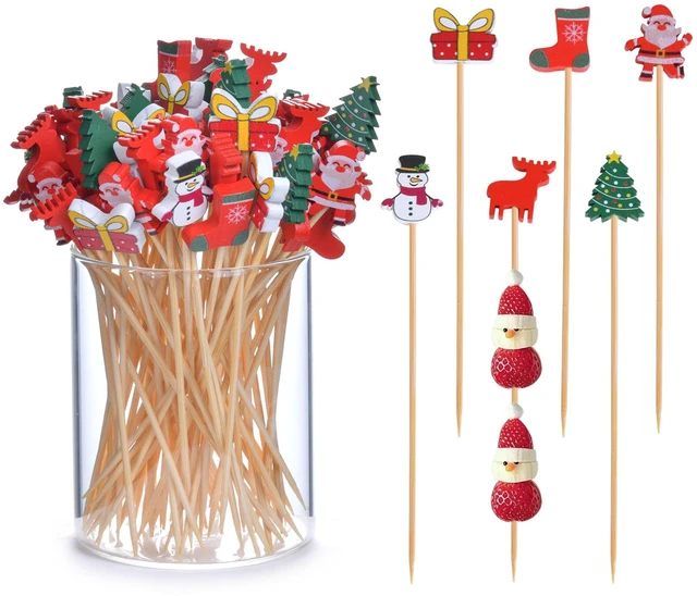 Main image of 100 Pack Christmas Decorations Toothpicks for Appetizers | 4.7 Inch Fancy Bamboo Cocktail Picks for Cake Dessert Food Valentines Wedding Halloween Party Decorations