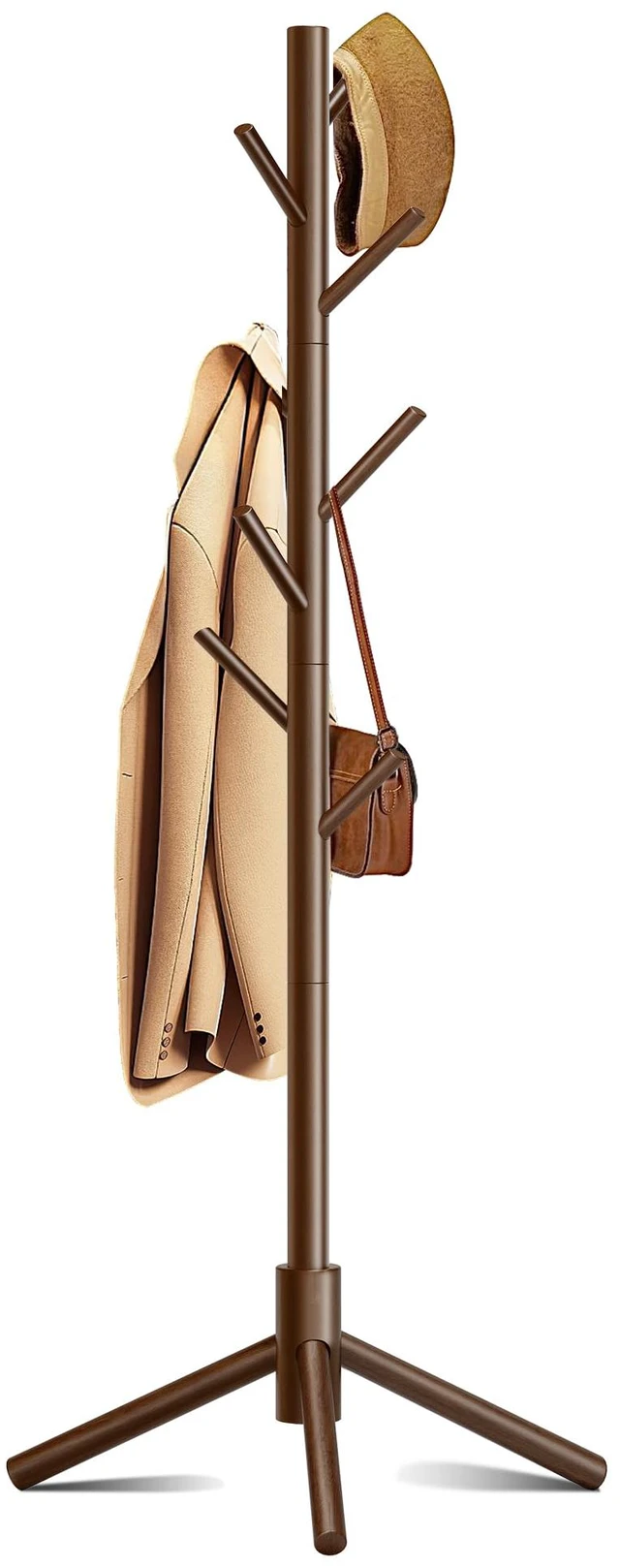 Main image of 8-Hook Freestanding Coat Rack 3 Adjustable Heights Sturdy Brown | Easy Tool-Free Setup,Ideal for Entryway Bedroom Hallway Office,Holds Clothes Hats Handbags,Space-Saving Vertical Design