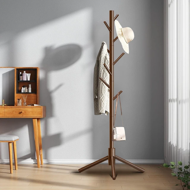 Alt view image 2 of 7 - 8-Hook Freestanding Coat Rack 3 Adjustable Heights Sturdy Brown | Easy Tool-Free Setup,Ideal for Entryway Bedroom Hallway Office,Holds Clothes Hats Handbags,Space-Saving Vertical Design