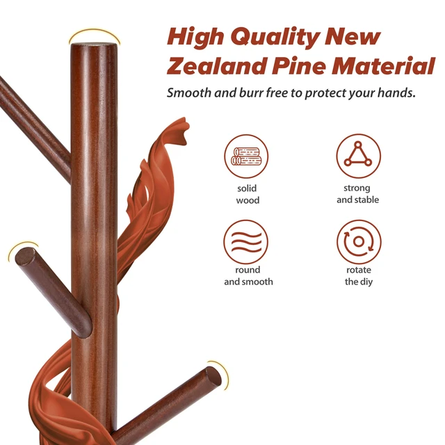 Alt view image 3 of 7 - 8-Hook Freestanding Coat Rack 3 Adjustable Heights Sturdy Brown | Easy Tool-Free Setup,Ideal for Entryway Bedroom Hallway Office,Holds Clothes Hats Handbags,Space-Saving Vertical Design