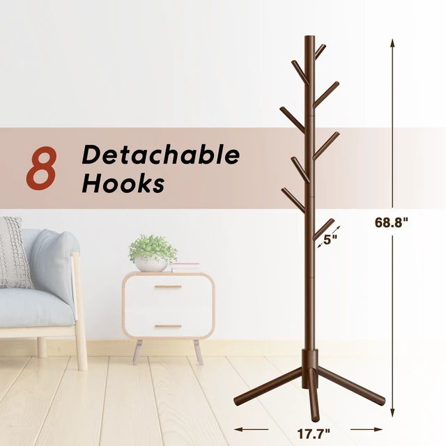 Alt view image 4 of 7 - 8-Hook Freestanding Coat Rack 3 Adjustable Heights Sturdy Brown | Easy Tool-Free Setup,Ideal for Entryway Bedroom Hallway Office,Holds Clothes Hats Handbags,Space-Saving Vertical Design
