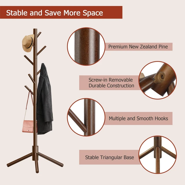 Alt view image 6 of 7 - 8-Hook Freestanding Coat Rack 3 Adjustable Heights Sturdy Brown | Easy Tool-Free Setup,Ideal for Entryway Bedroom Hallway Office,Holds Clothes Hats Handbags,Space-Saving Vertical Design