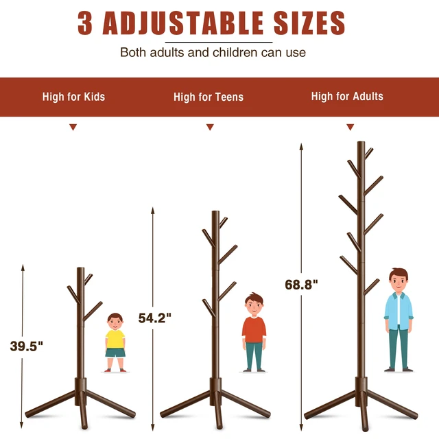 Alt view image 7 of 7 - 8-Hook Freestanding Coat Rack 3 Adjustable Heights Sturdy Brown | Easy Tool-Free Setup,Ideal for Entryway Bedroom Hallway Office,Holds Clothes Hats Handbags,Space-Saving Vertical Design