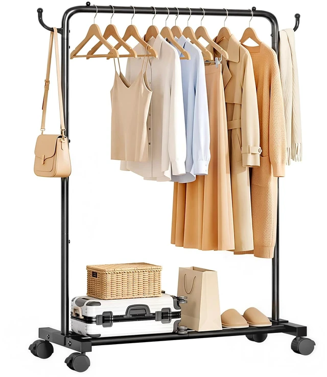 Main image of Portable Clothes Rack for Bedroom: 4 Lockable Wheel Move Room-to-Room | Laundry to Closet in 1 Smooth Roll - No Heavy Lifting for Renters & Movers - 88 lbs Hanging Rod for Garment Coat to T-Shirt