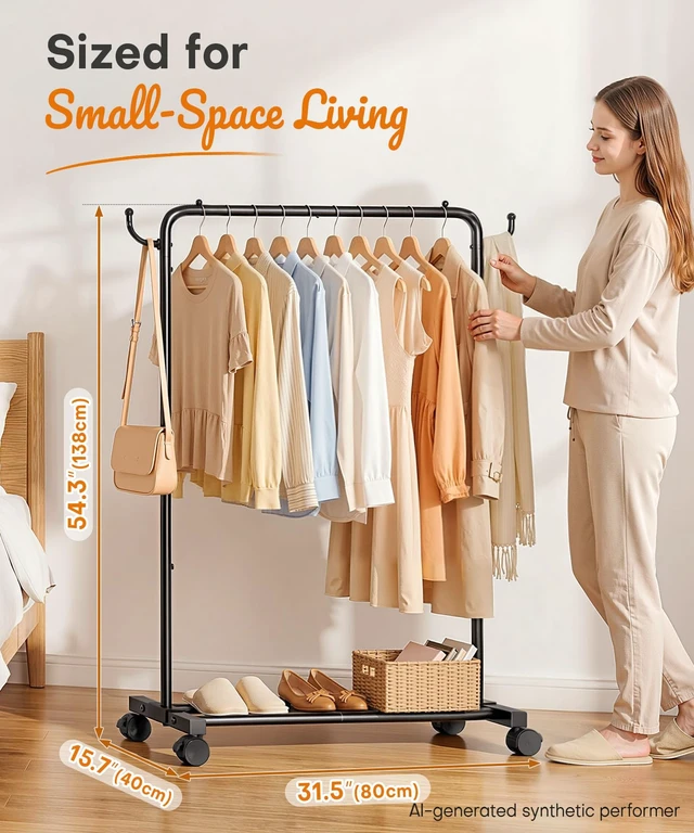 Alt view image 3 of 7 - Portable Clothes Rack for Bedroom: 4 Lockable Wheel Move Room-to-Room | Laundry to Closet in 1 Smooth Roll - No Heavy Lifting for Renters & Movers - 88 lbs Hanging Rod for Garment Coat to T-Shirt