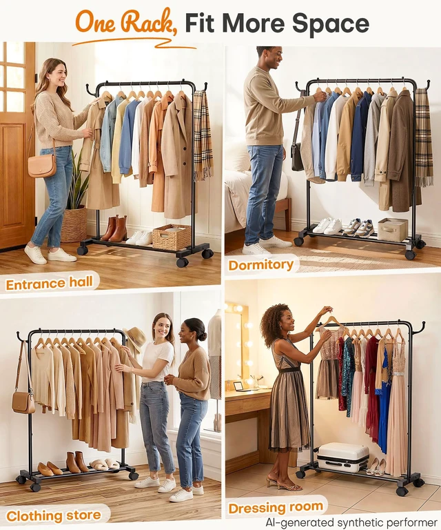 Alt view image 4 of 7 - Portable Clothes Rack for Bedroom: 4 Lockable Wheel Move Room-to-Room | Laundry to Closet in 1 Smooth Roll - No Heavy Lifting for Renters & Movers - 88 lbs Hanging Rod for Garment Coat to T-Shirt