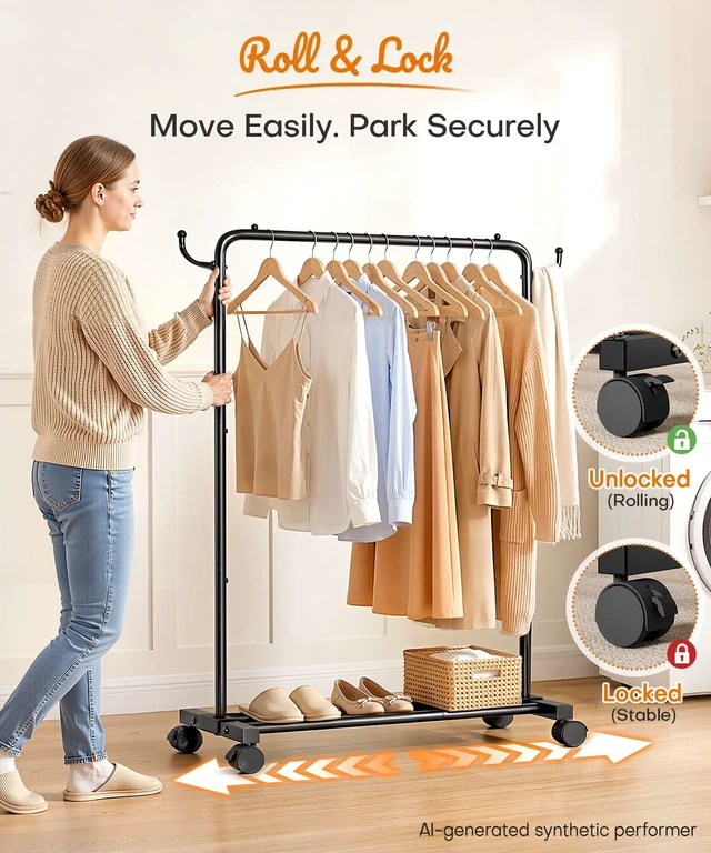 Alt view image 5 of 7 - Portable Clothes Rack for Bedroom: 4 Lockable Wheel Move Room-to-Room | Laundry to Closet in 1 Smooth Roll - No Heavy Lifting for Renters & Movers - 88 lbs Hanging Rod for Garment Coat to T-Shirt