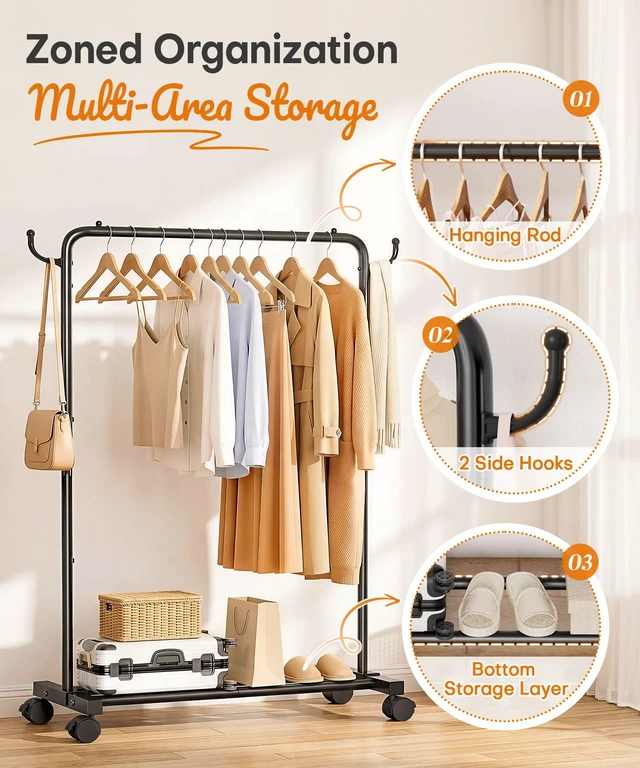 Alt view image 6 of 7 - Portable Clothes Rack for Bedroom: 4 Lockable Wheel Move Room-to-Room | Laundry to Closet in 1 Smooth Roll - No Heavy Lifting for Renters & Movers - 88 lbs Hanging Rod for Garment Coat to T-Shirt