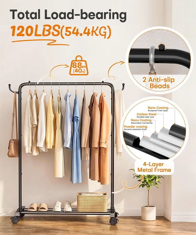 Alt view image 7 of 7 - Portable Clothes Rack for Bedroom: 4 Lockable Wheel Move Room-to-Room | Laundry to Closet in 1 Smooth Roll - No Heavy Lifting for Renters & Movers - 88 lbs Hanging Rod for Garment Coat to T-Shirt