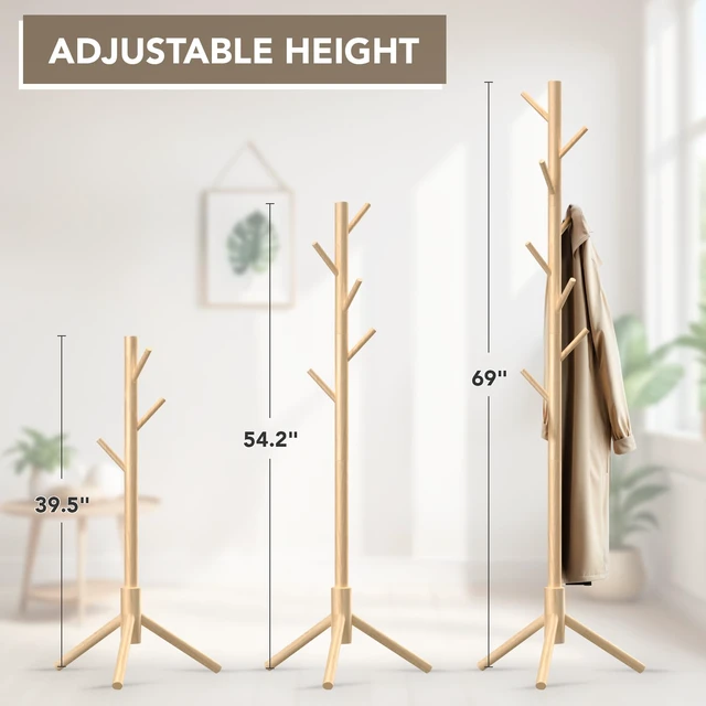 Alt view image 3 of 7 - Wooden Tree Coat Rack Stand,Sturdy Freestanding Coat Rack with 8 Hooks,3 Adjustable Height for Child Adult,Wood Coat Stand Tree Fits Entryway Bedroom Office for Bags,Hats