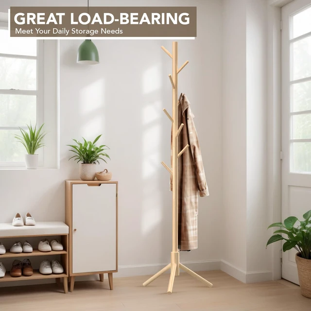 Alt view image 2 of 7 - Wooden Tree Coat Rack Stand,Sturdy Freestanding Coat Rack with 8 Hooks,3 Adjustable Height for Child Adult,Wood Coat Stand Tree Fits Entryway Bedroom Office for Bags,Hats