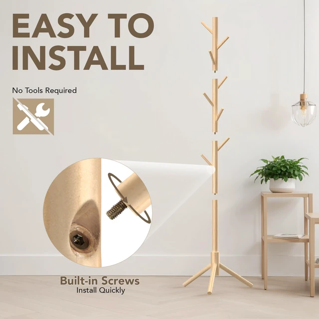 Alt view image 4 of 7 - Wooden Tree Coat Rack Stand,Sturdy Freestanding Coat Rack with 8 Hooks,3 Adjustable Height for Child Adult,Wood Coat Stand Tree Fits Entryway Bedroom Office for Bags,Hats