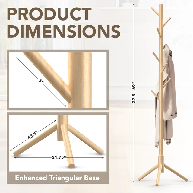 Alt view image 5 of 7 - Wooden Tree Coat Rack Stand,Sturdy Freestanding Coat Rack with 8 Hooks,3 Adjustable Height for Child Adult,Wood Coat Stand Tree Fits Entryway Bedroom Office for Bags,Hats
