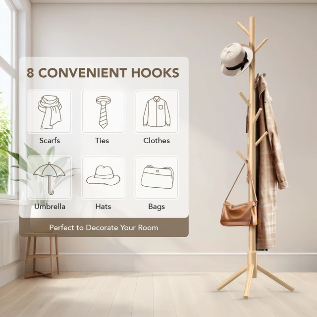 Alt view image 6 of 7 - Wooden Tree Coat Rack Stand,Sturdy Freestanding Coat Rack with 8 Hooks,3 Adjustable Height for Child Adult,Wood Coat Stand Tree Fits Entryway Bedroom Office for Bags,Hats