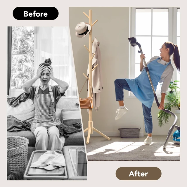 Alt view image 7 of 7 - Wooden Tree Coat Rack Stand,Sturdy Freestanding Coat Rack with 8 Hooks,3 Adjustable Height for Child Adult,Wood Coat Stand Tree Fits Entryway Bedroom Office for Bags,Hats
