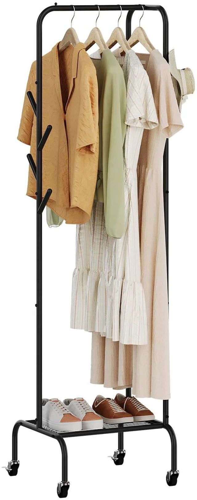Main image of Modern Bamboo Coat Rack, Freestanding with 2 Shelves, 5 Hooks, Rotating Design, Heavy Duty Stand for Entryway, Living Room, 72x24x24 Inches (Black)
