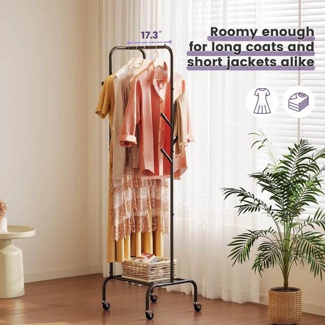 Alt view image 4 of 7 - Modern Bamboo Coat Rack, Freestanding with 2 Shelves, 5 Hooks, Rotating Design, Heavy Duty Stand for Entryway, Living Room, 72x24x24 Inches (Black)