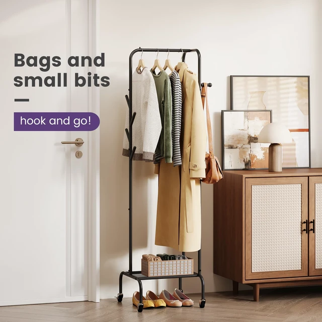 Alt view image 6 of 7 - Modern Bamboo Coat Rack, Freestanding with 2 Shelves, 5 Hooks, Rotating Design, Heavy Duty Stand for Entryway, Living Room, 72x24x24 Inches (Black)