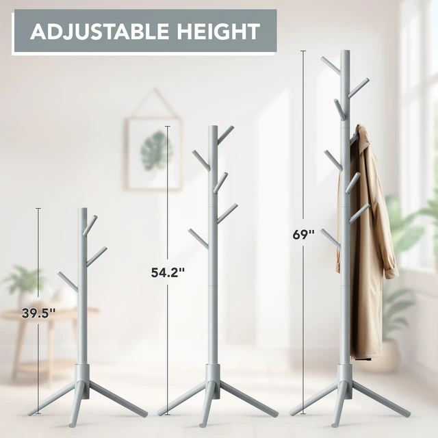 Alt view image 3 of 7 - Wooden Tree Coat Rack Stand,Sturdy Freestanding Coat Rack with 8 Hooks,3 Adjustable Height for Child Adult,Wood Coat Stand Tree Fits Entryway Bedroom Office for Bags,Hats