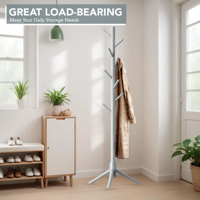 Alt view image 2 of 7 - Wooden Tree Coat Rack Stand,Sturdy Freestanding Coat Rack with 8 Hooks,3 Adjustable Height for Child Adult,Wood Coat Stand Tree Fits Entryway Bedroom Office for Bags,Hats
