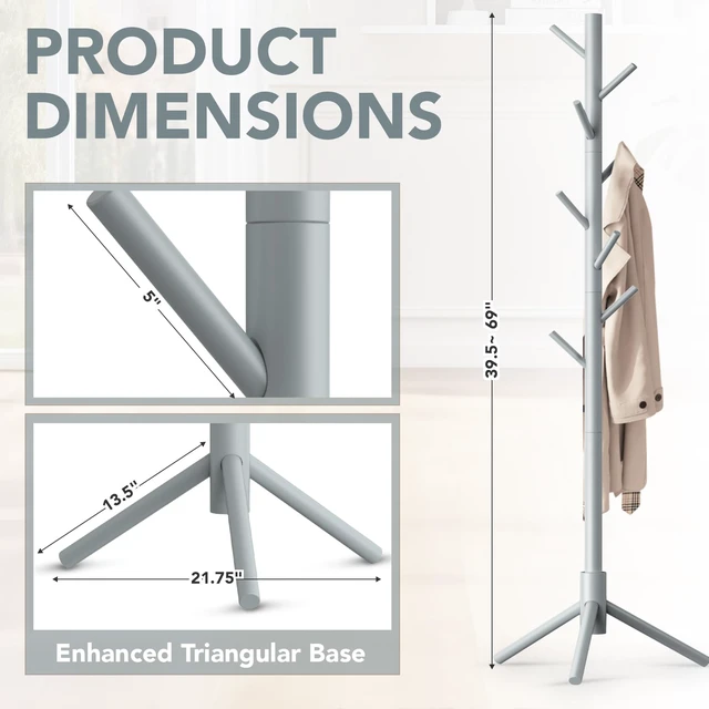 Alt view image 5 of 7 - Wooden Tree Coat Rack Stand,Sturdy Freestanding Coat Rack with 8 Hooks,3 Adjustable Height for Child Adult,Wood Coat Stand Tree Fits Entryway Bedroom Office for Bags,Hats