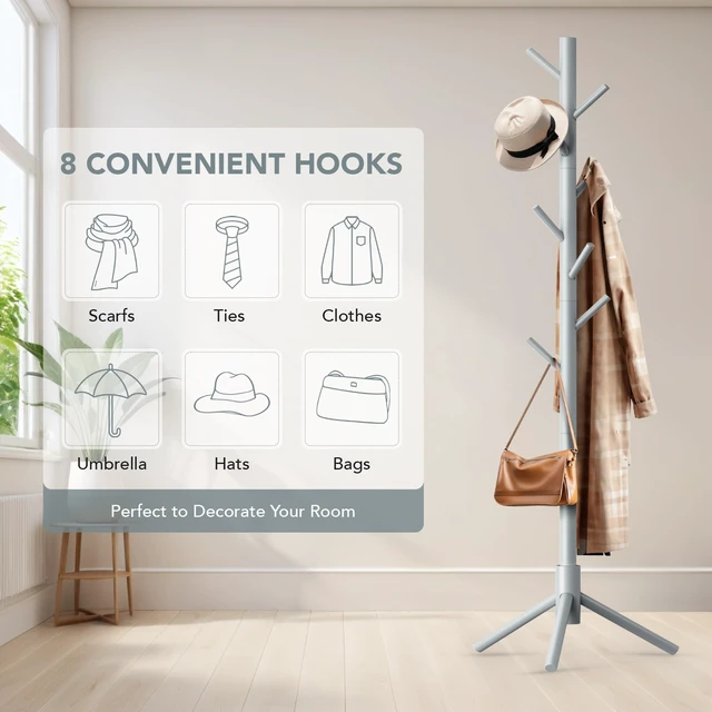 Alt view image 6 of 7 - Wooden Tree Coat Rack Stand,Sturdy Freestanding Coat Rack with 8 Hooks,3 Adjustable Height for Child Adult,Wood Coat Stand Tree Fits Entryway Bedroom Office for Bags,Hats